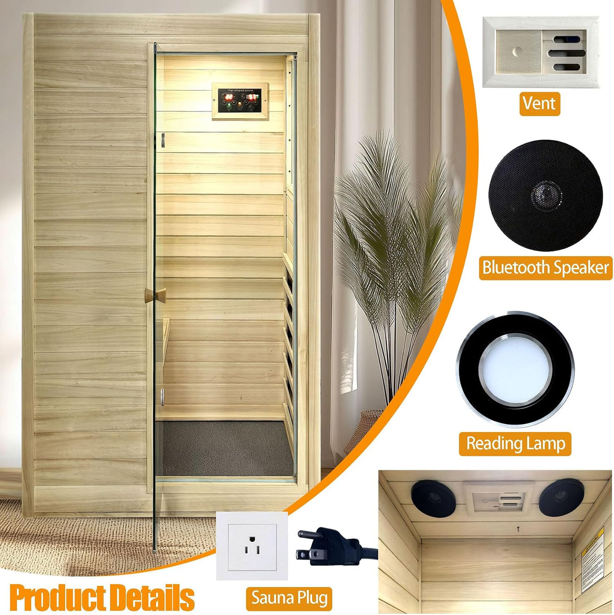 Far Infrared Sauna European Aspen Wood 1 Person Infrared Sauna for Home 905W Low EMF Mini Indoor Sauna with Bluetooth Speakers, Right Door