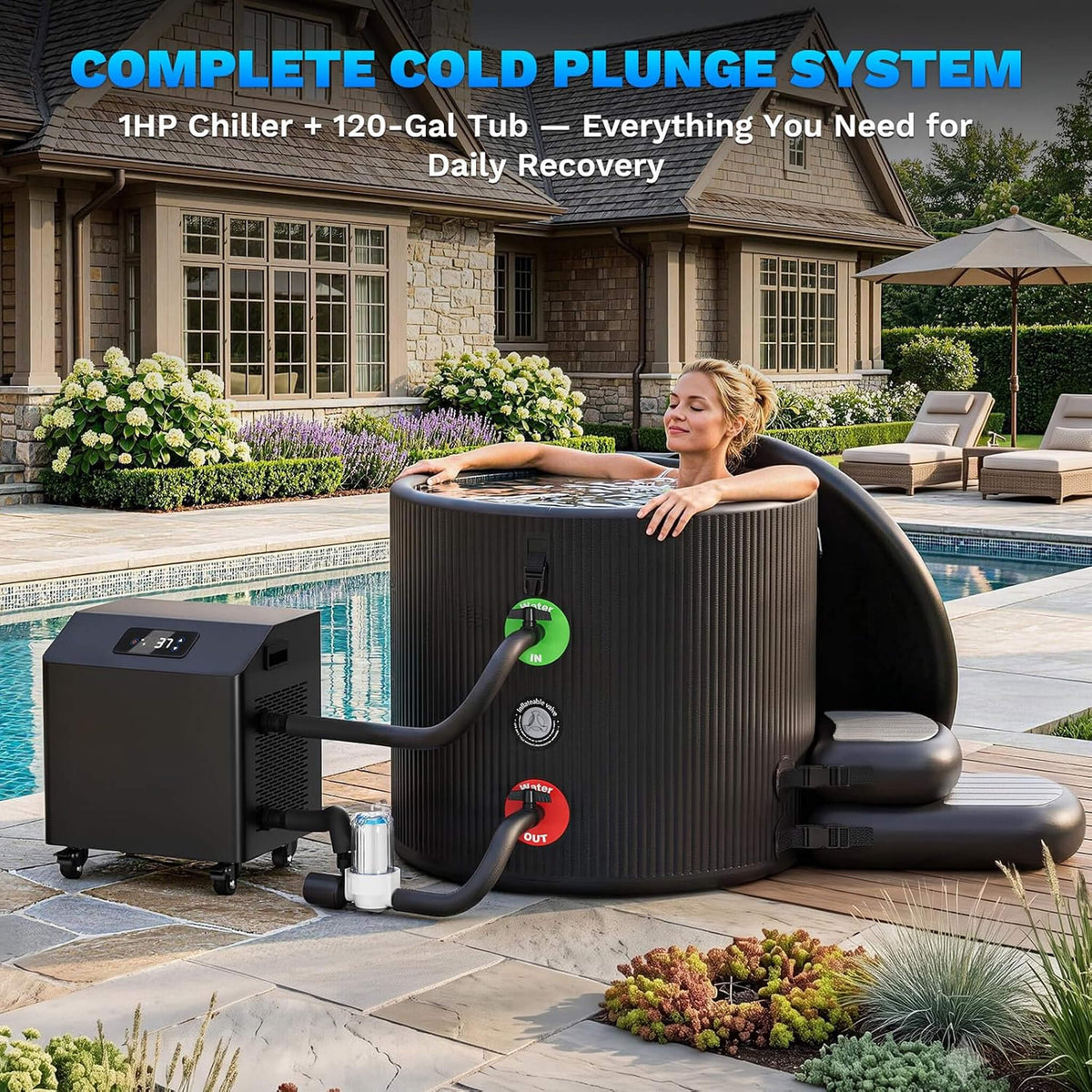 Premium XL 120 Gal Cold Plunge Tub Kit With 1HP Chiller, Filter, And Pump (SAK92632)